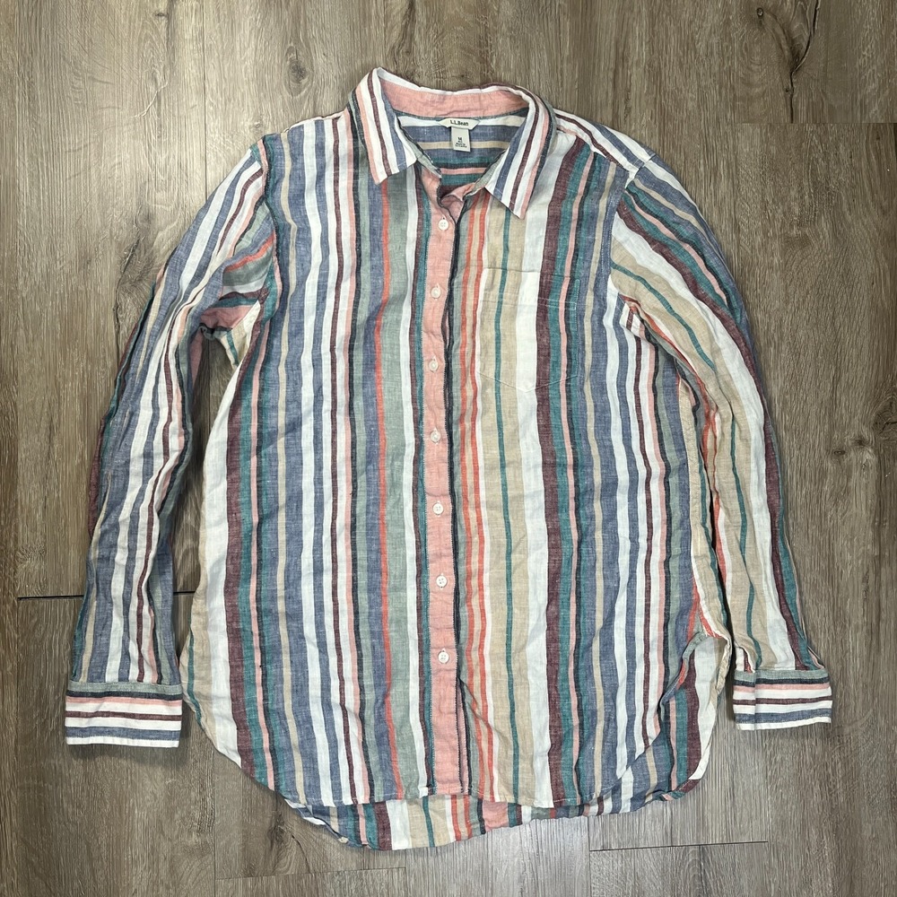LL Bean Women's Premium Washable Linen Button Up Shirt Medium Long Sleeve